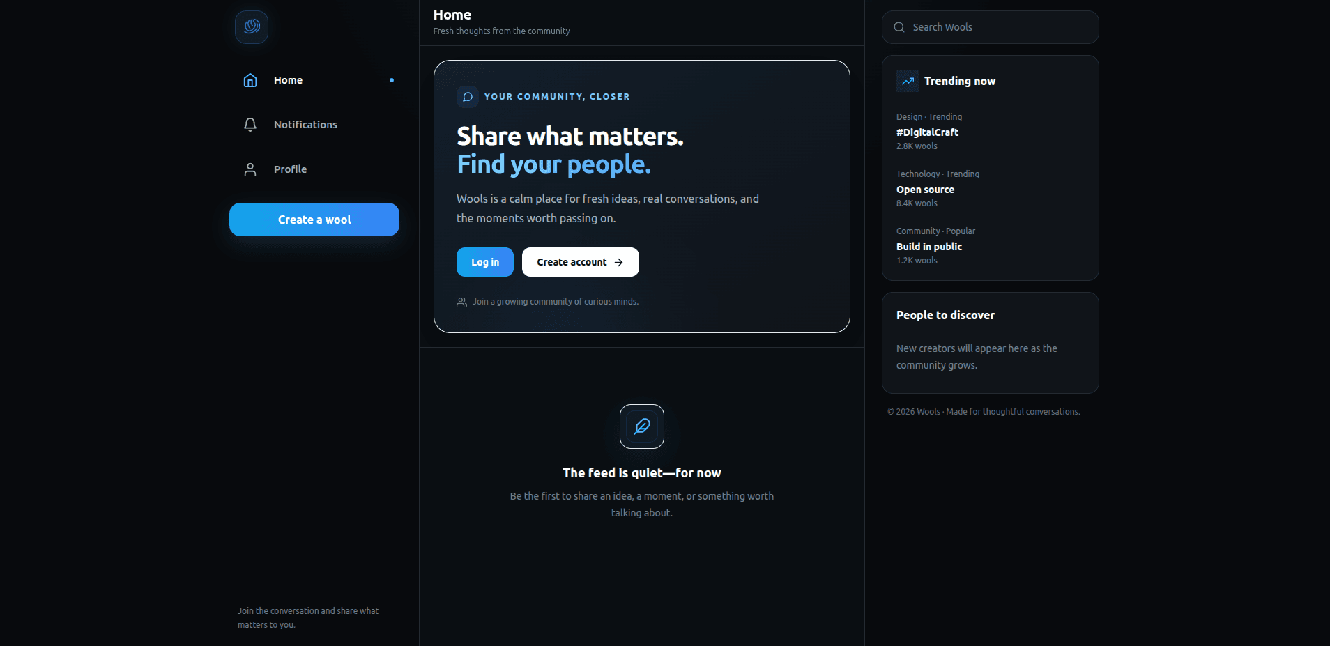 Wools social platform home feed with navigation, trending topics, and community discovery
